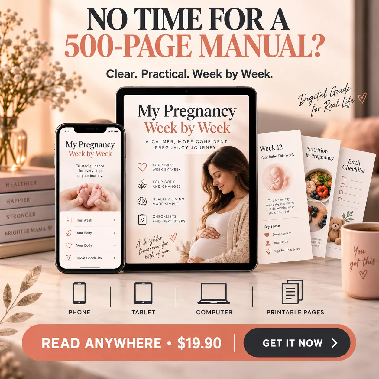Pregnancy guide displayed across phone, tablet, and printable pages